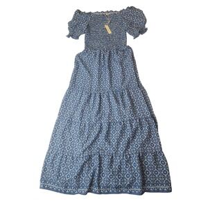 Max Studio Maxi Dress XS Blue Tile Print Smocked Puff Sleeve Coastal Boho NEW